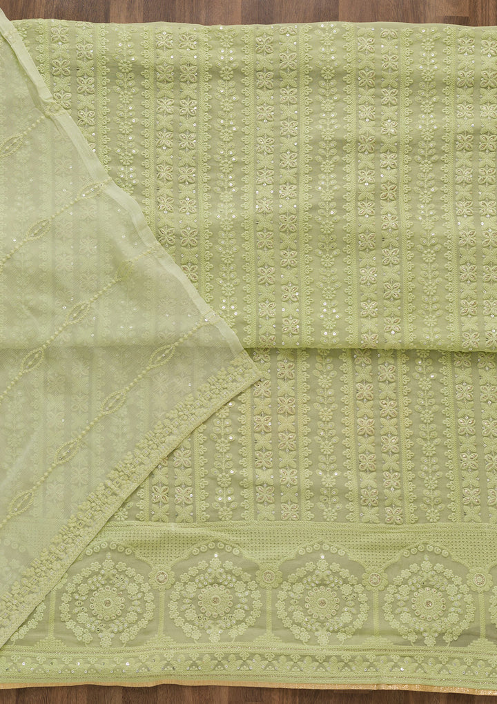 Pista Green Threadwork  Georgette Semi-Stitched Salwar Suit-Koskii