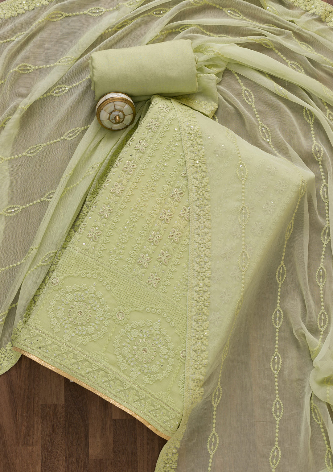 Pista Green Threadwork Georgette Semi-Stitched Salwar Suit-Koskii