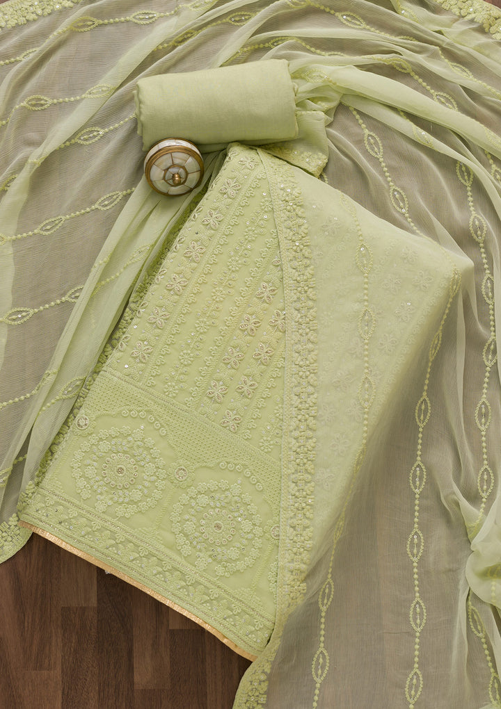 Pista Green Threadwork Georgette Semi-Stitched Salwar Suit-Koskii