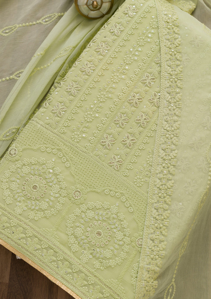 Pista Green Threadwork  Georgette Semi-Stitched Salwar Suit-Koskii
