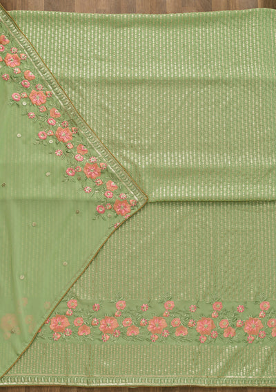 Pista Green Threadwork Georgette Unstitched Salwar Suit-Koskii