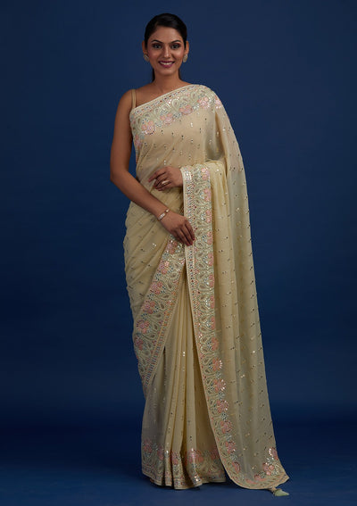 Pista Green Threadwork Georgette Designer Saree - Koskii