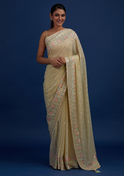 Pista Green Threadwork Georgette Designer Saree - Koskii