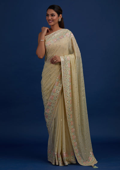 Pista Green Threadwork Georgette Designer Saree - Koskii