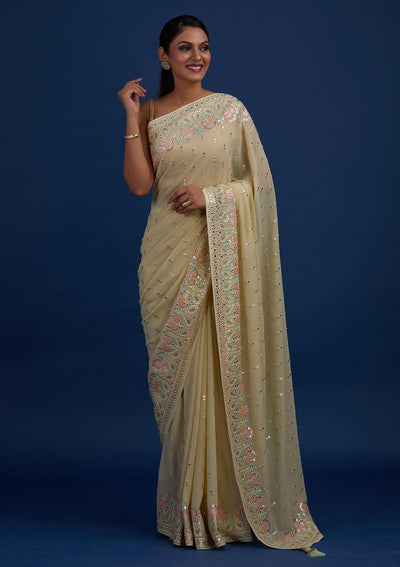 Pista Green Threadwork Georgette Designer Saree - Koskii