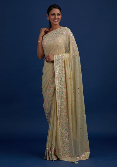 Pista Green Threadwork Georgette Designer Saree - Koskii