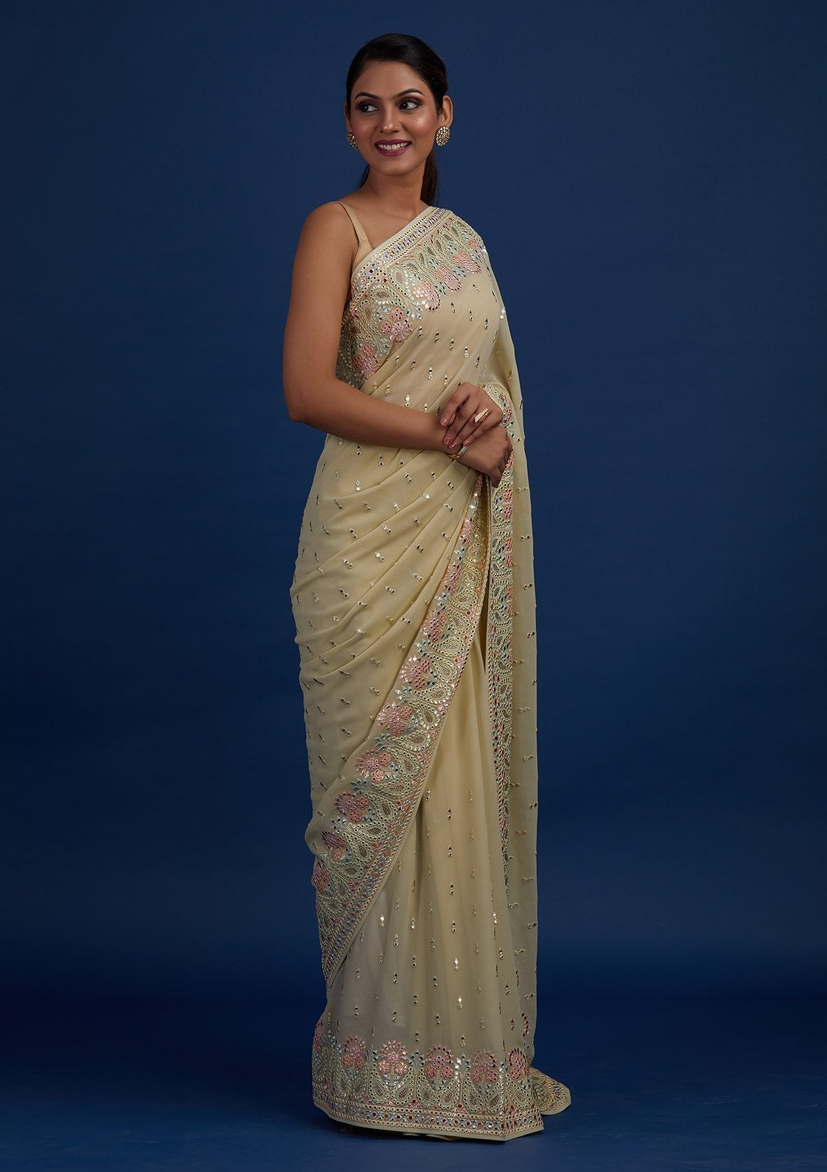 Pista Green Threadwork Georgette Designer Saree - Koskii