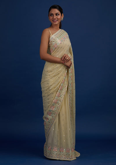 Pista Green Threadwork Georgette Designer Saree - Koskii