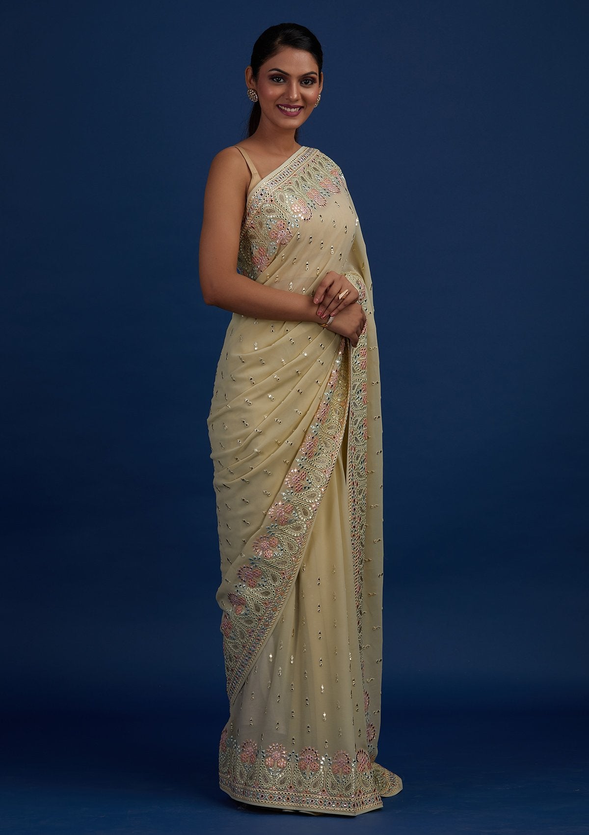 Pista Green Threadwork Georgette Designer Saree - Koskii