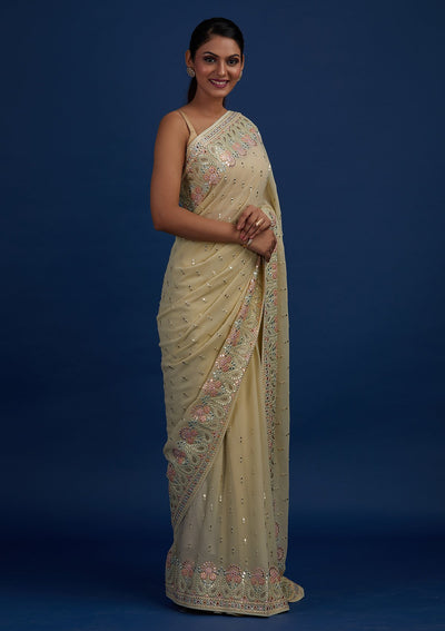 Pista Green Threadwork Georgette Designer Saree - Koskii