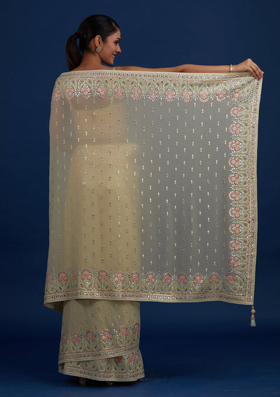 Pista Green Threadwork Georgette Designer Saree - Koskii