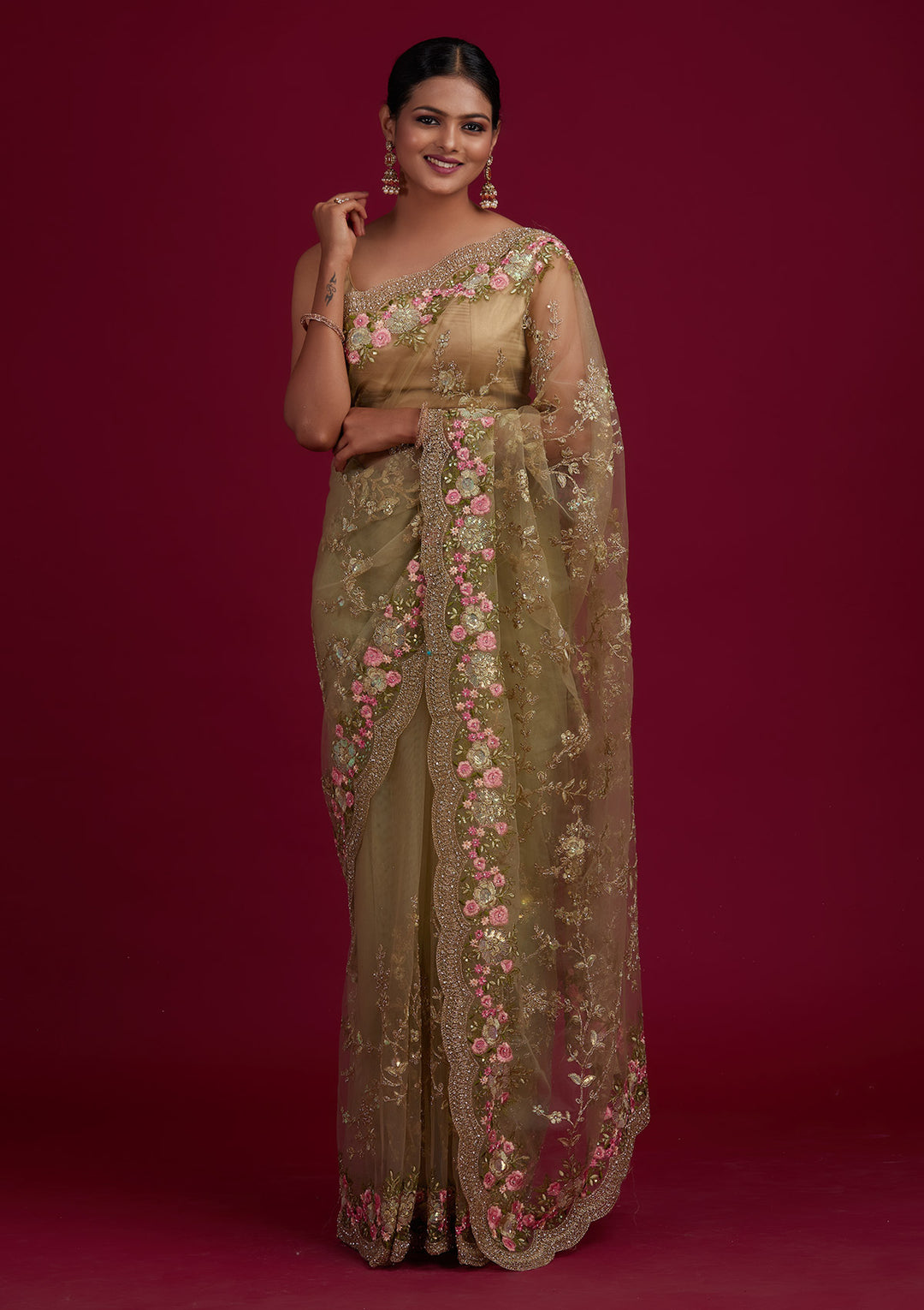 Pista Green Threadwork Net Saree-Koskii
