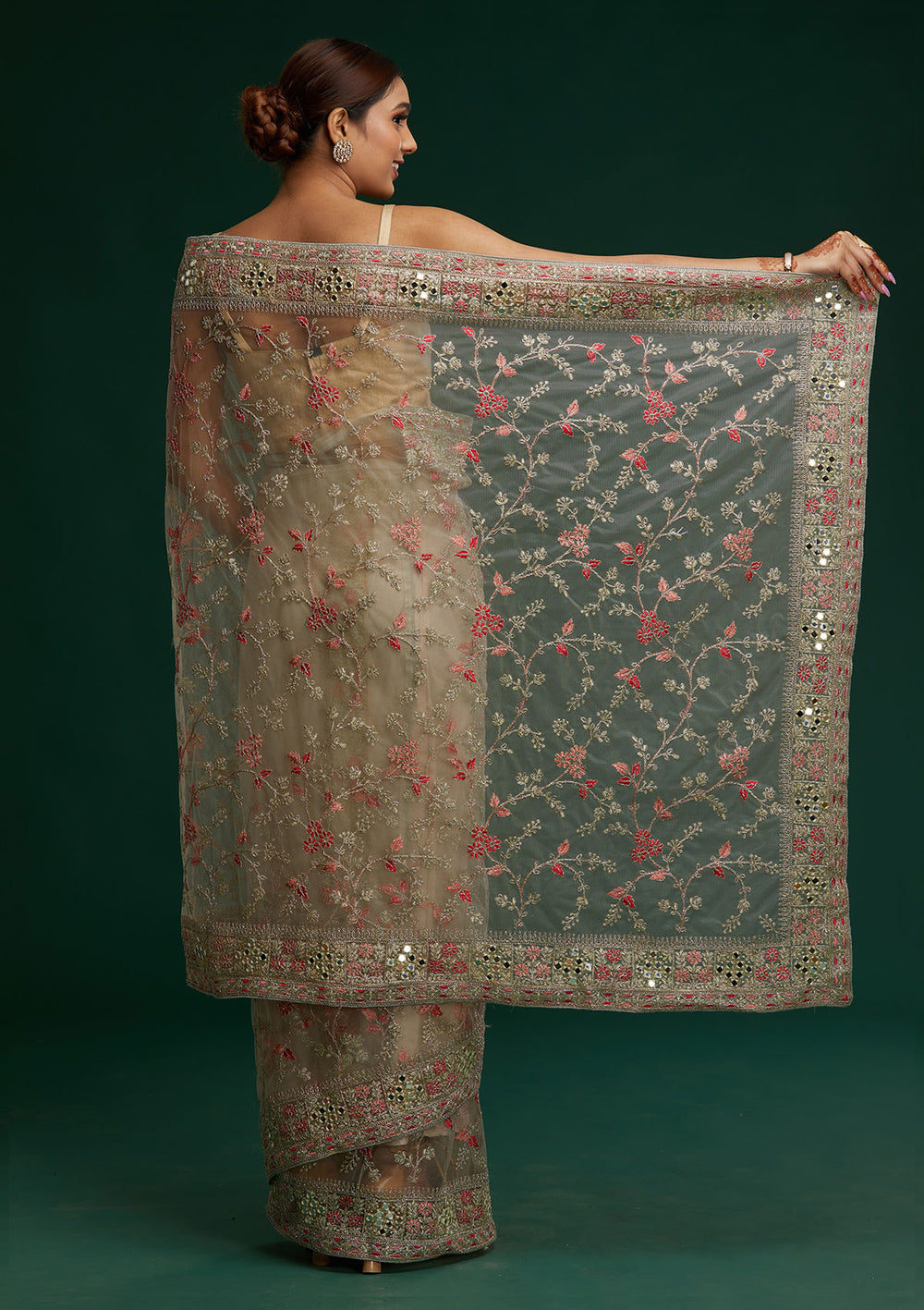 Pista Green Threadwork Net Saree - Koskii