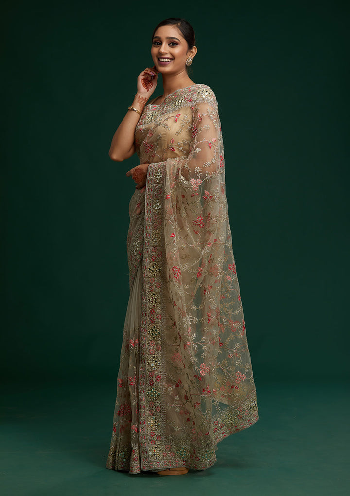 Pista Green Threadwork Net Saree - Koskii
