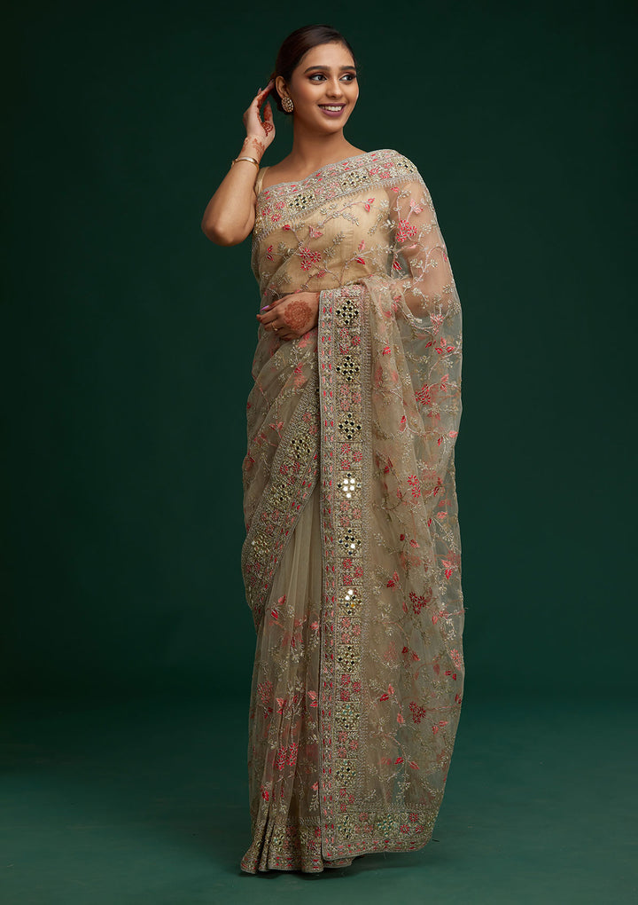 Pista Green Threadwork Net Saree - Koskii