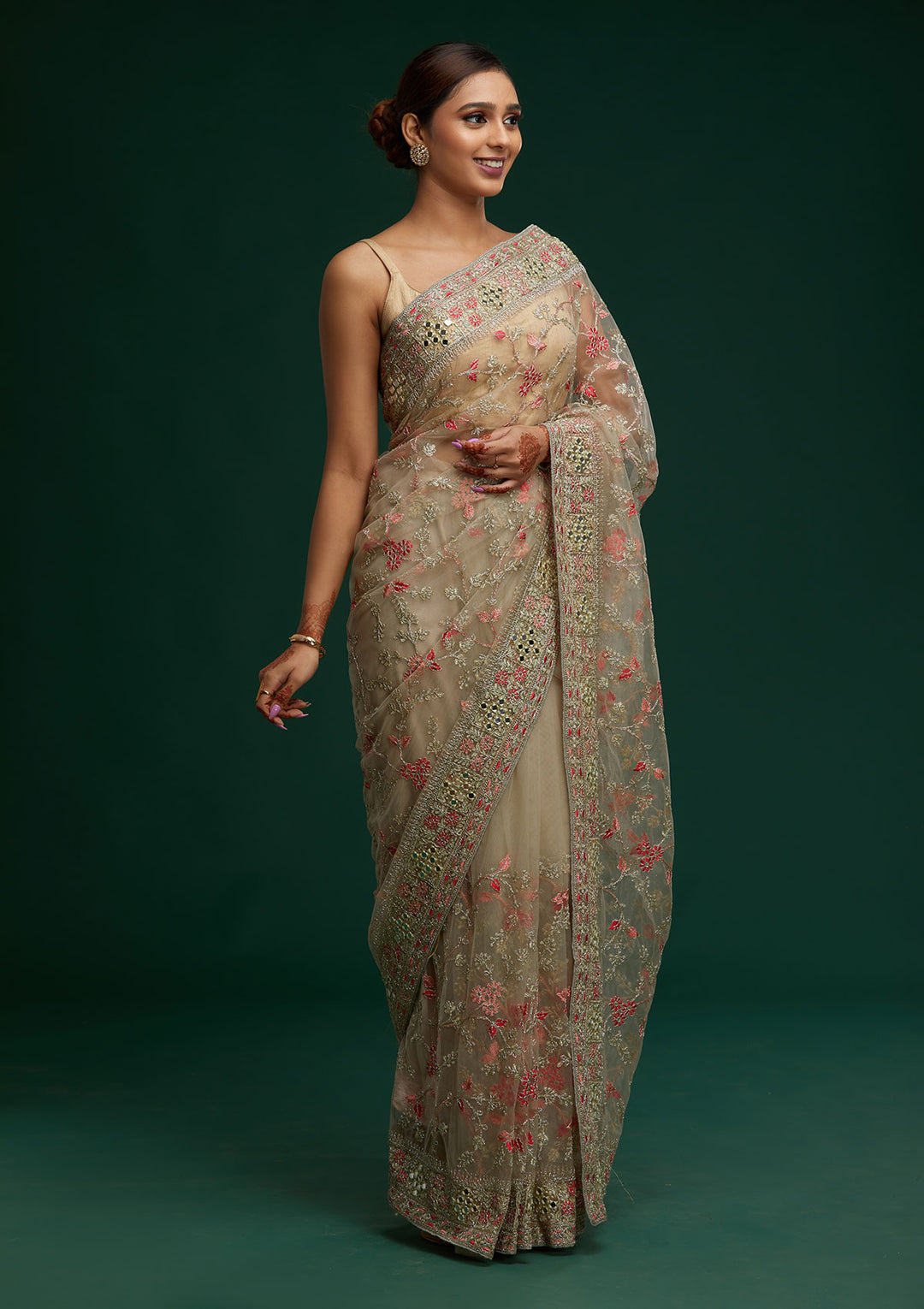 Pista Green Threadwork Net Saree - Koskii