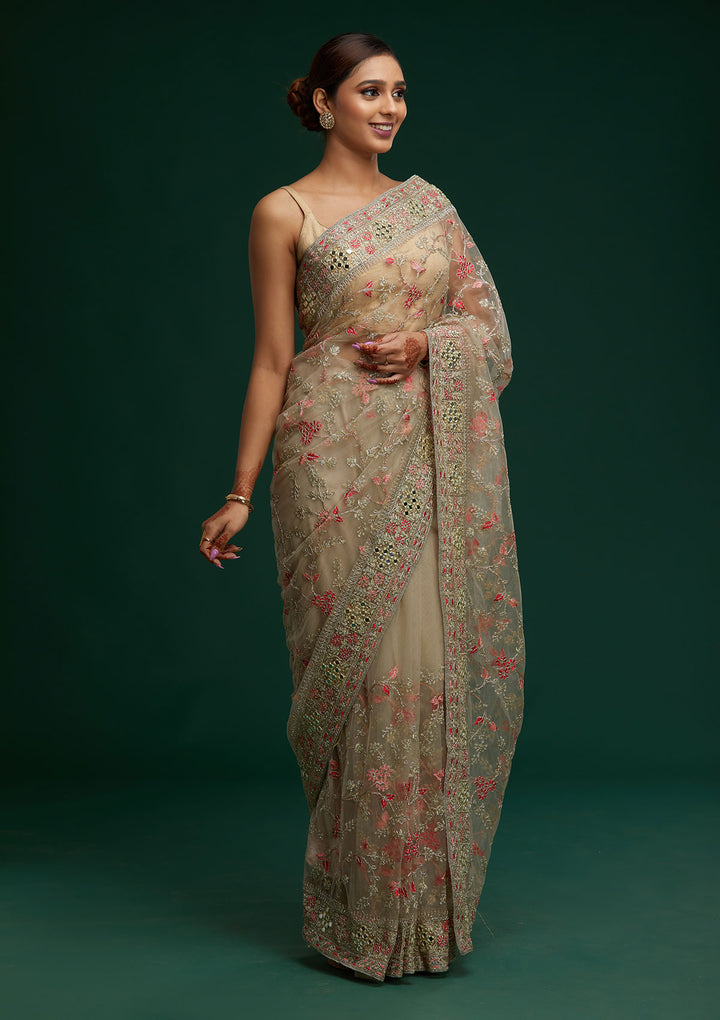 Pista Green Threadwork Net Saree - Koskii