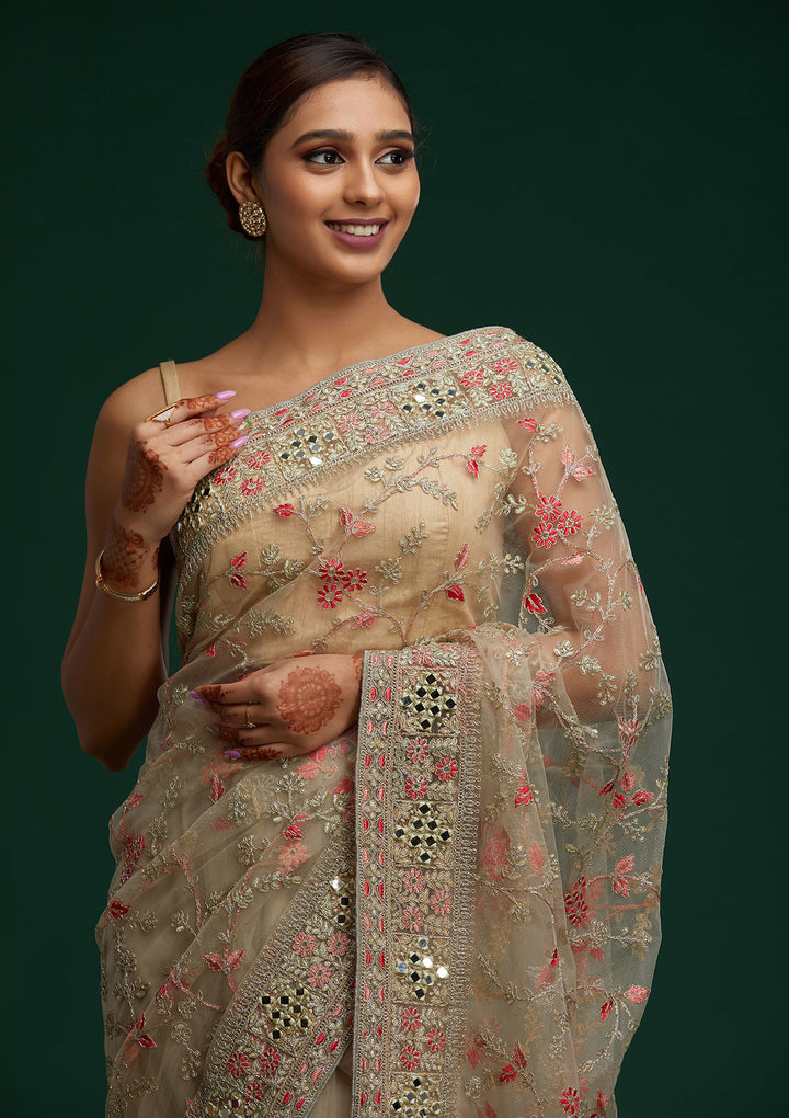 Pista Green Threadwork Net Saree - Koskii