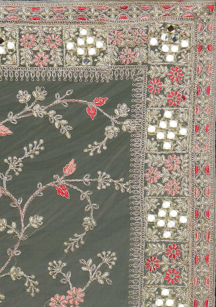 Pista Green Threadwork Net Saree - Koskii
