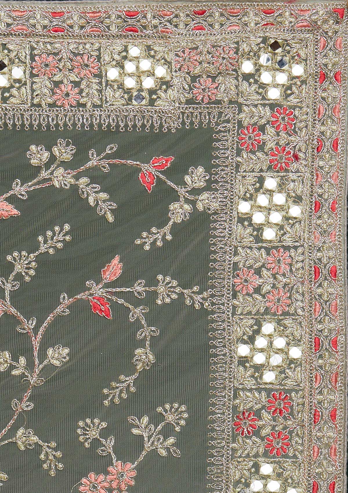 Pista Green Threadwork Net Saree - Koskii