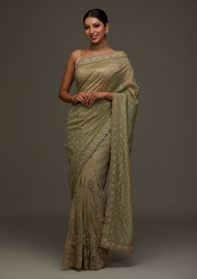 Pista Green Threadwork Net Designer Saree- Koskii