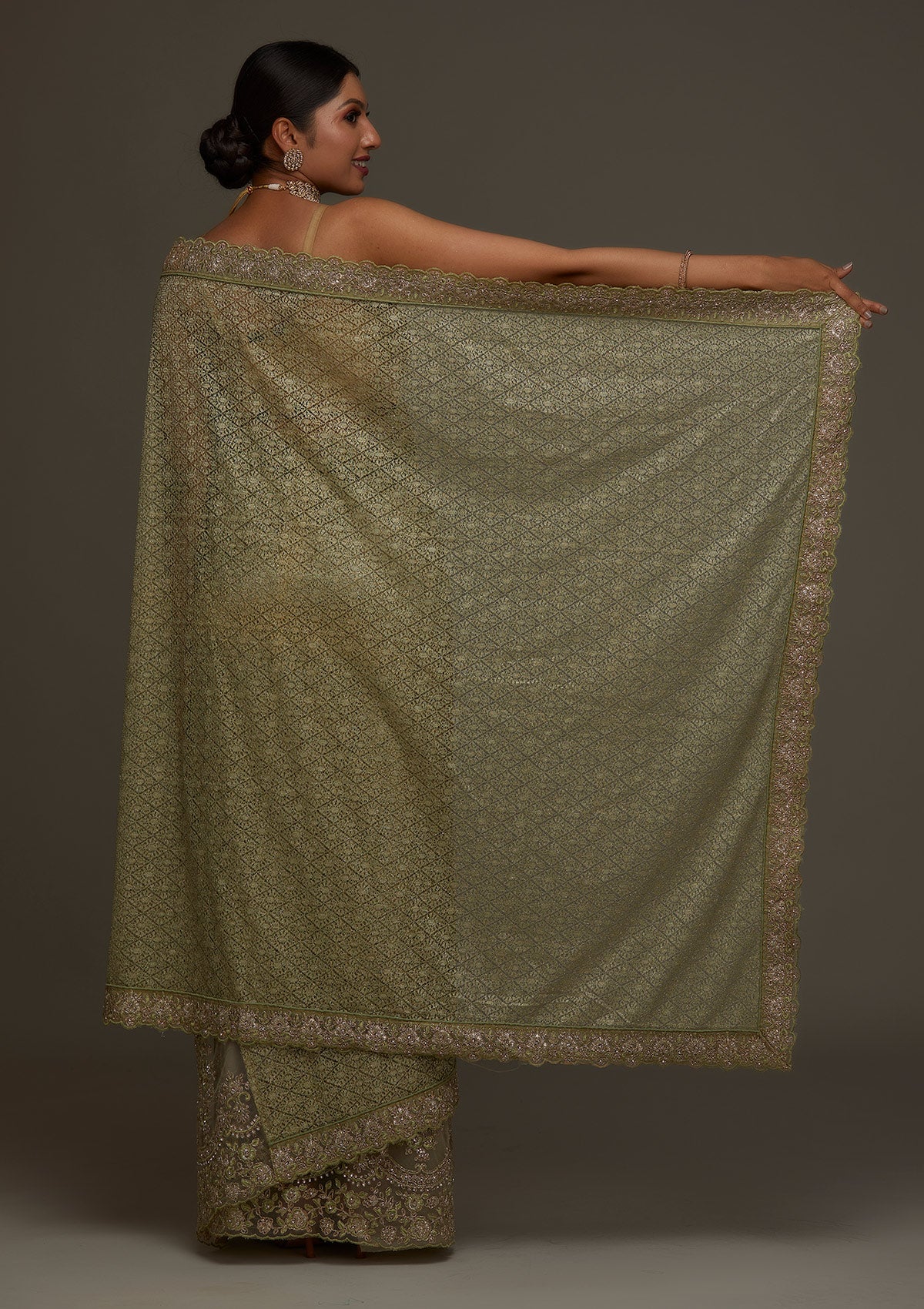 Pista Green Threadwork Net Designer Saree - Koskii