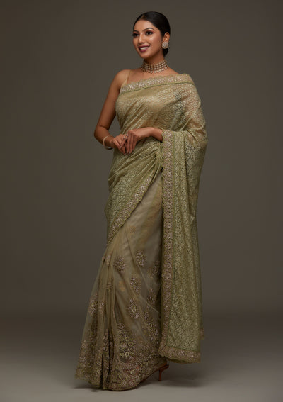 Pista Green Threadwork Net Designer Saree - Koskii