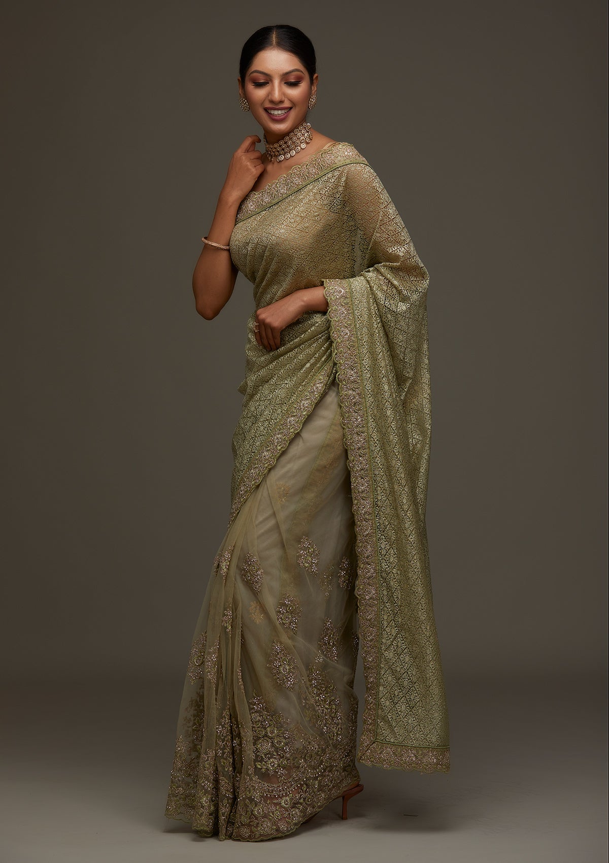 Pista Green Threadwork Net Designer Saree - Koskii