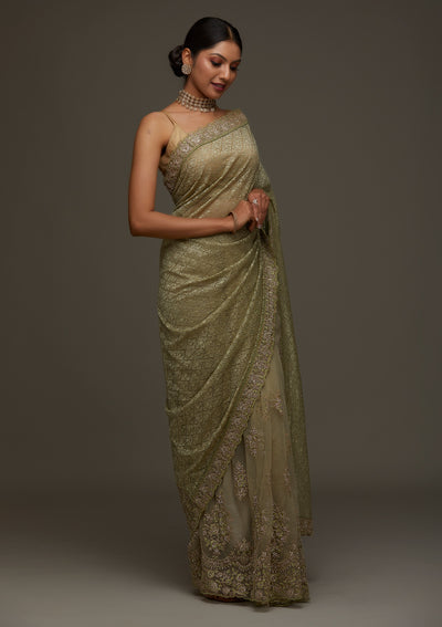 Pista Green Threadwork Net Designer Saree - Koskii