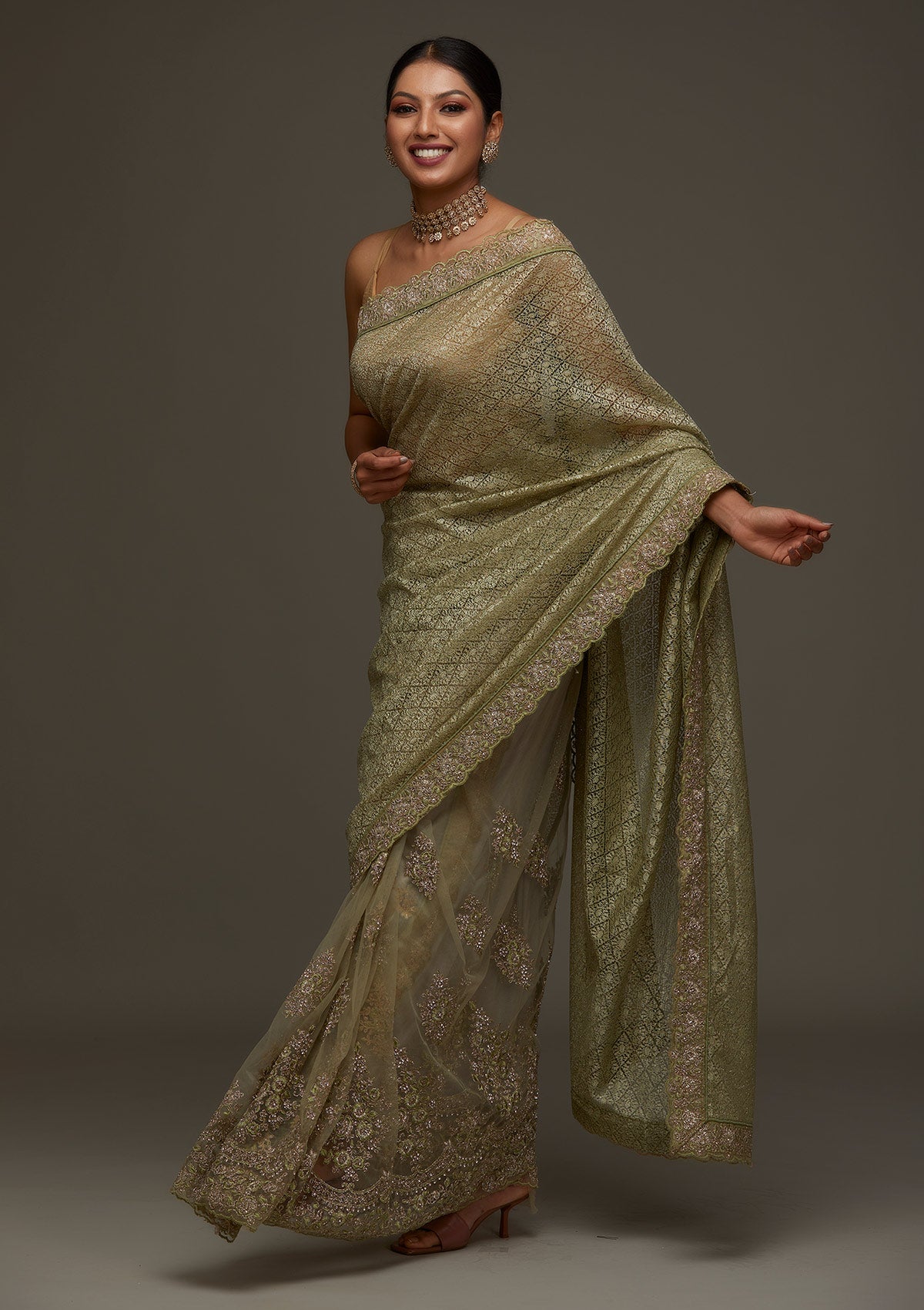 Pista Green Threadwork Net Designer Saree - Koskii