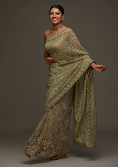 Pista Green Threadwork Net Designer Saree - Koskii