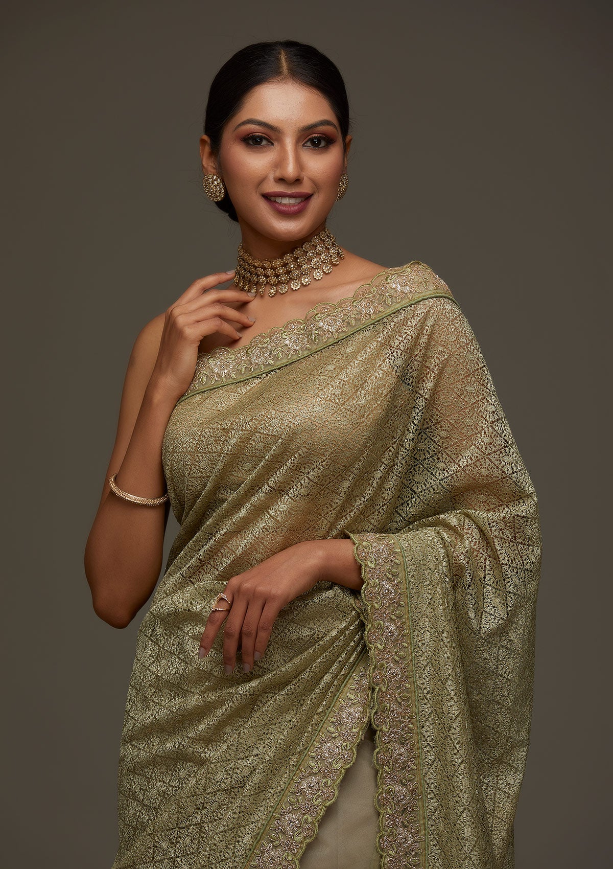 Pista Green Threadwork Net Designer Saree - Koskii