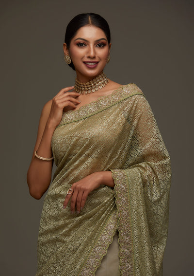 Pista Green Threadwork Net Designer Saree - Koskii