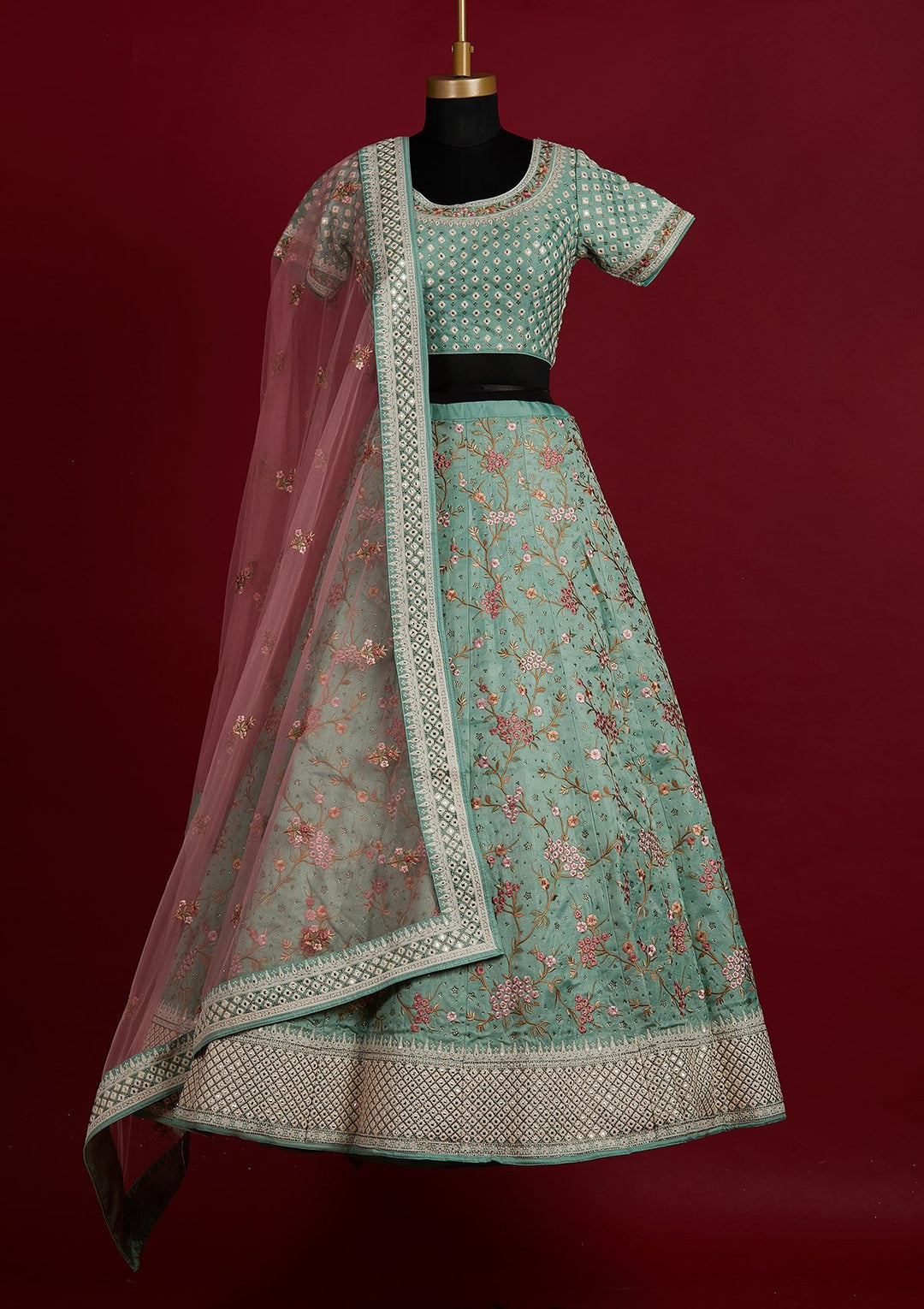 Pista Green Threadwork Raw Silk Designer Lehenga - Koskii