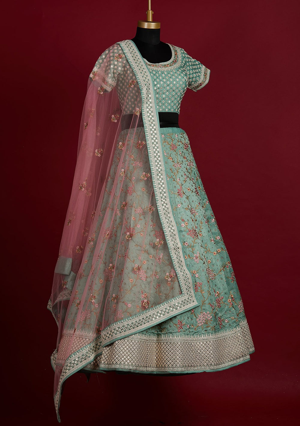 Pista Green Threadwork Raw Silk Designer Lehenga - Koskii