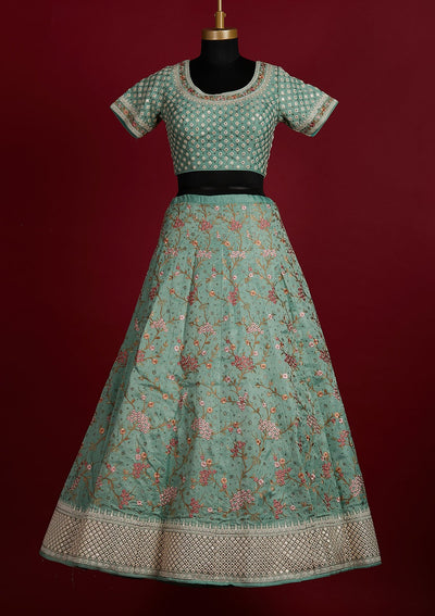 Pista Green Threadwork Raw Silk Designer Lehenga - Koskii