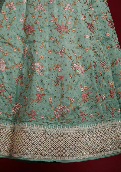 Pista Green Threadwork Raw Silk Designer Lehenga - Koskii