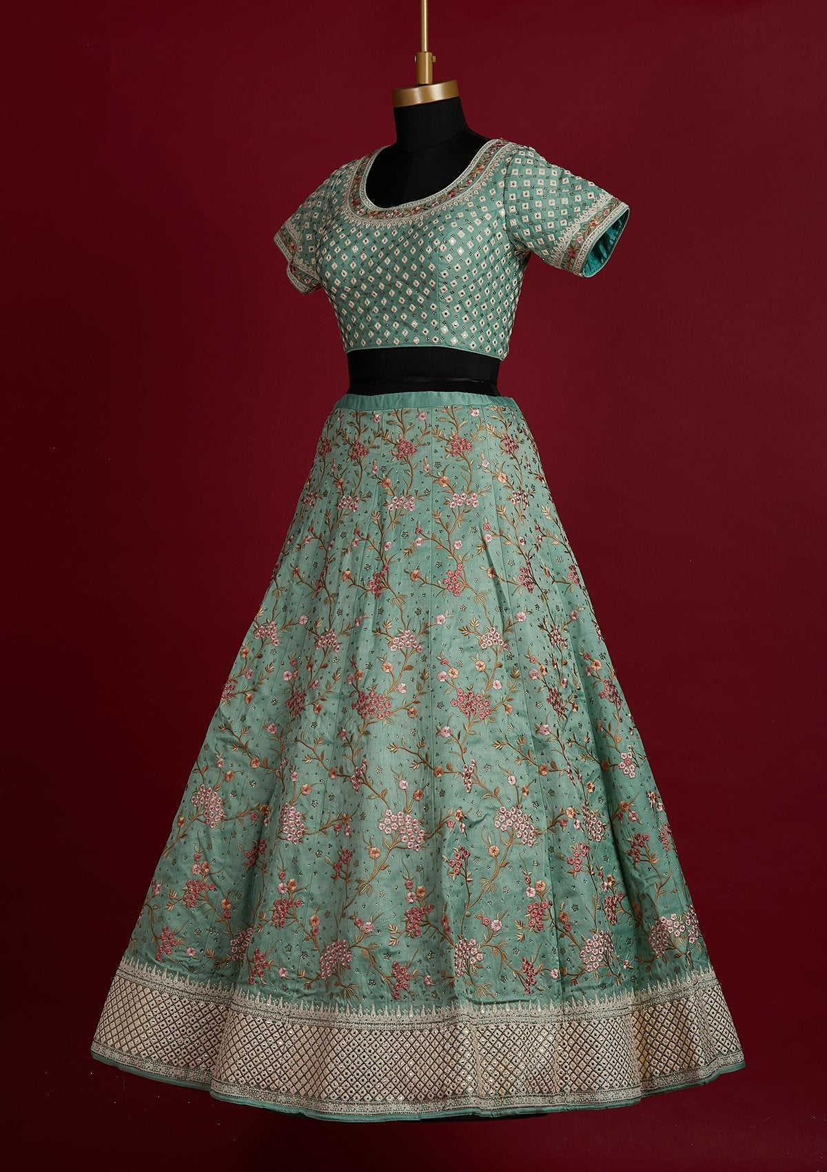 Pista Green Threadwork Raw Silk Designer Lehenga - Koskii