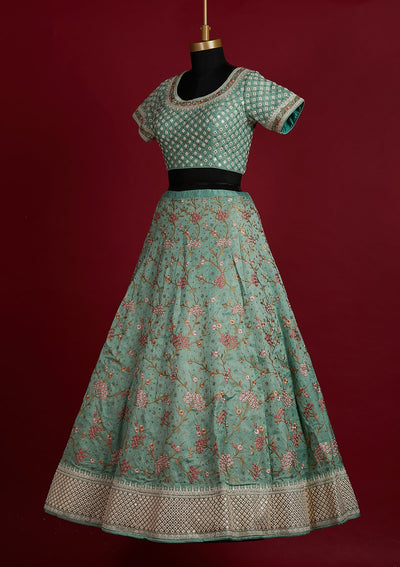 Pista Green Threadwork Raw Silk Designer Lehenga - Koskii