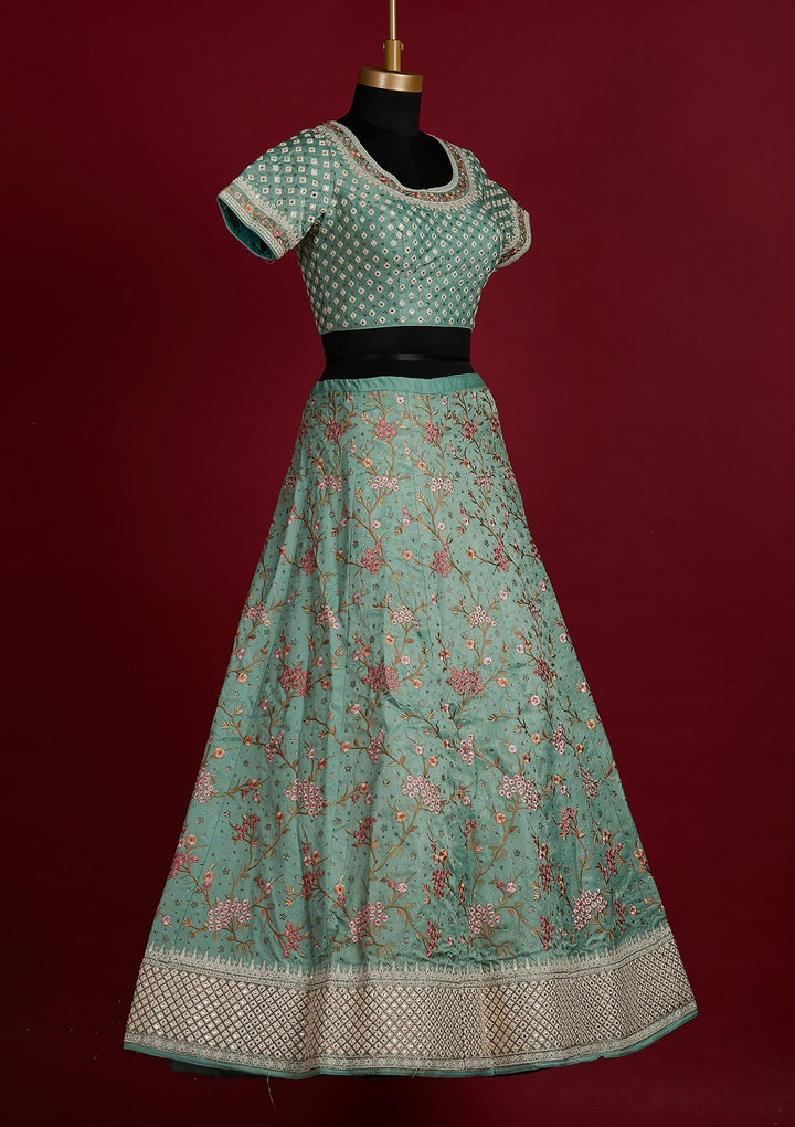 Pista Green Threadwork Raw Silk Designer Lehenga - Koskii