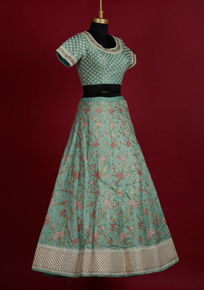 Pista Green Threadwork Raw Silk Designer Lehenga - Koskii
