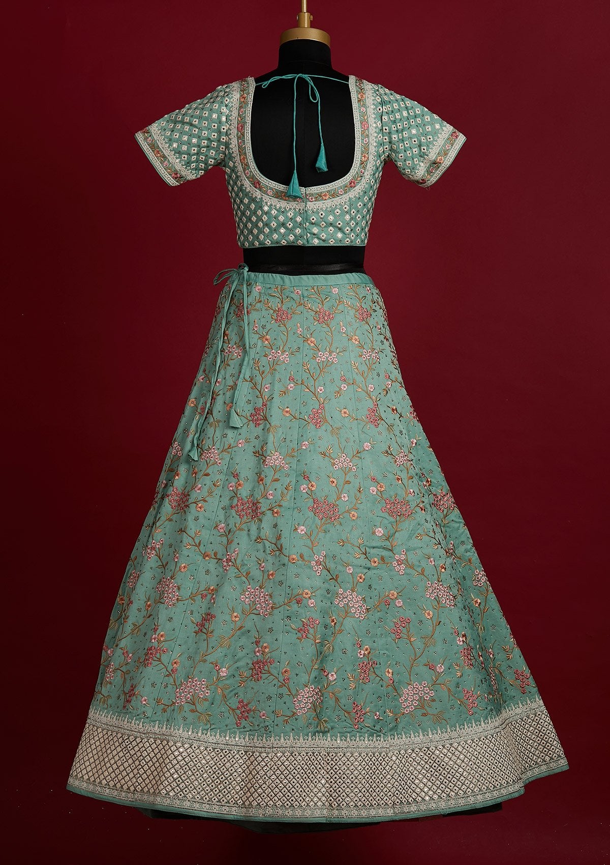 Pista Green Threadwork Raw Silk Designer Lehenga - Koskii