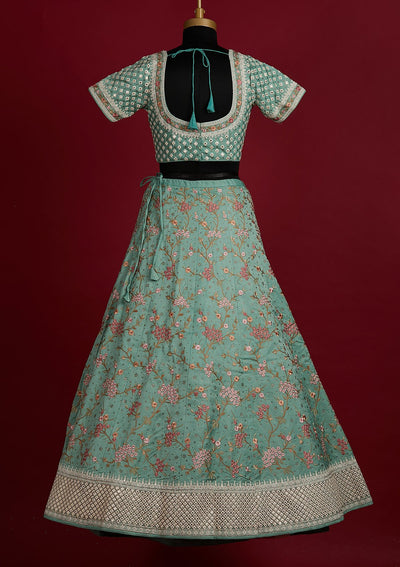 Pista Green Threadwork Raw Silk Designer Lehenga - Koskii