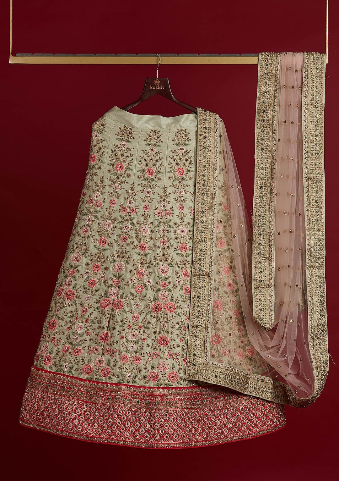 Pista Green Threadwork Raw Silk Designer Semi-Stitched Lehenga - koskii