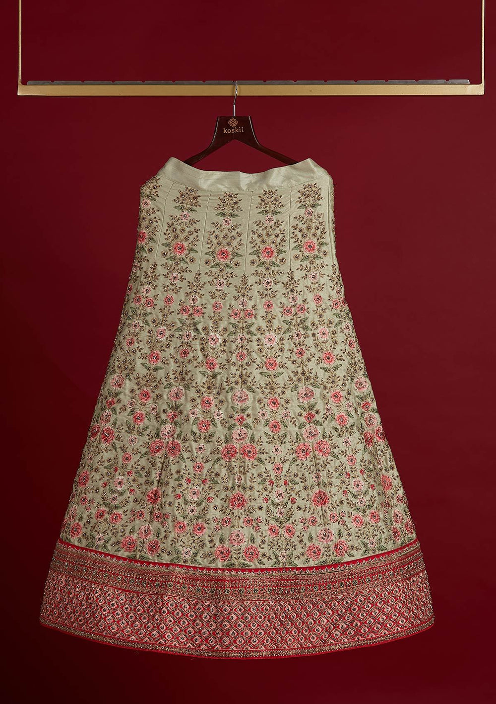 Pista Green Threadwork Raw Silk Designer Semi-Stitched Lehenga - koskii