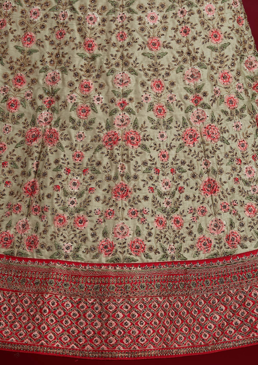 Pista Green Threadwork Raw Silk Designer Semi-Stitched Lehenga - koskii