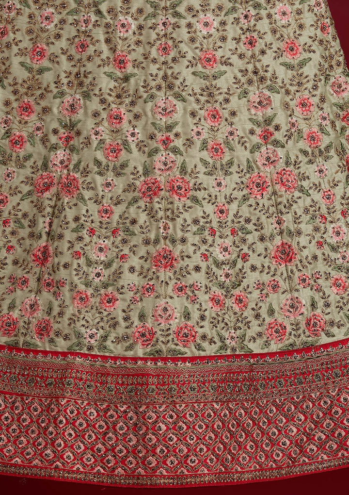 Pista Green Threadwork Raw Silk Designer Semi-Stitched Lehenga - koskii