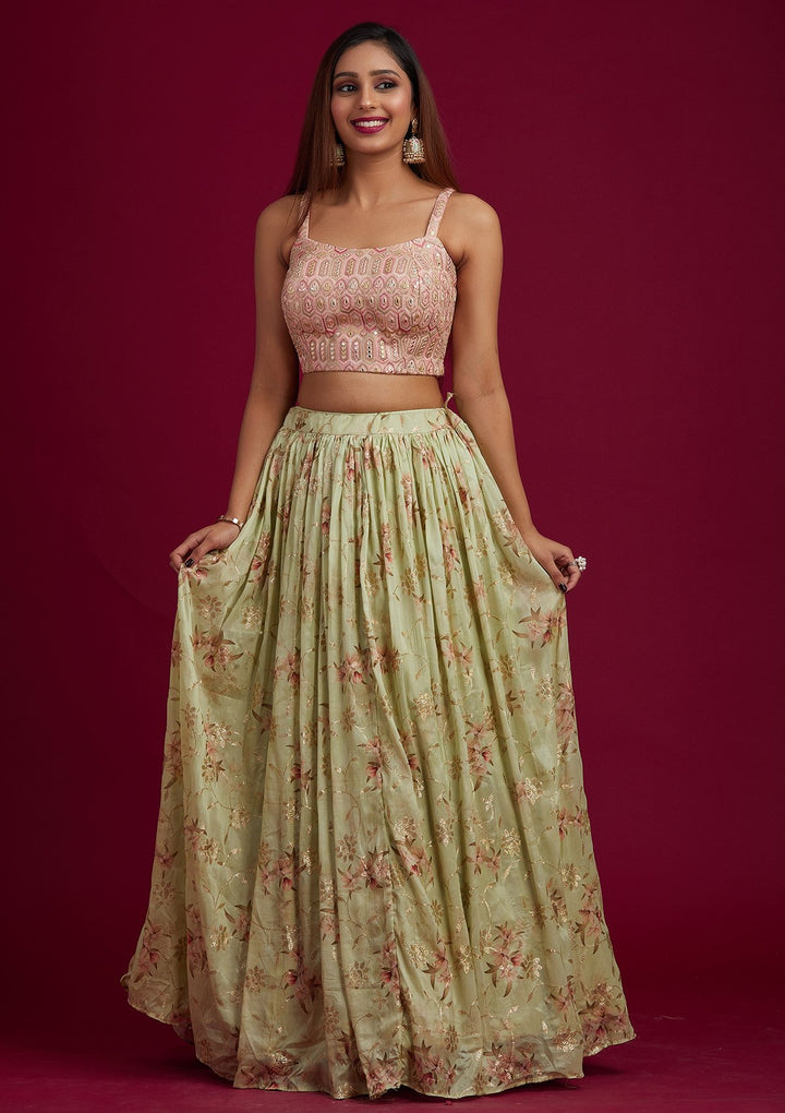 Pista Green Threadwork Semi Crepe Designer Lehenga - koskii