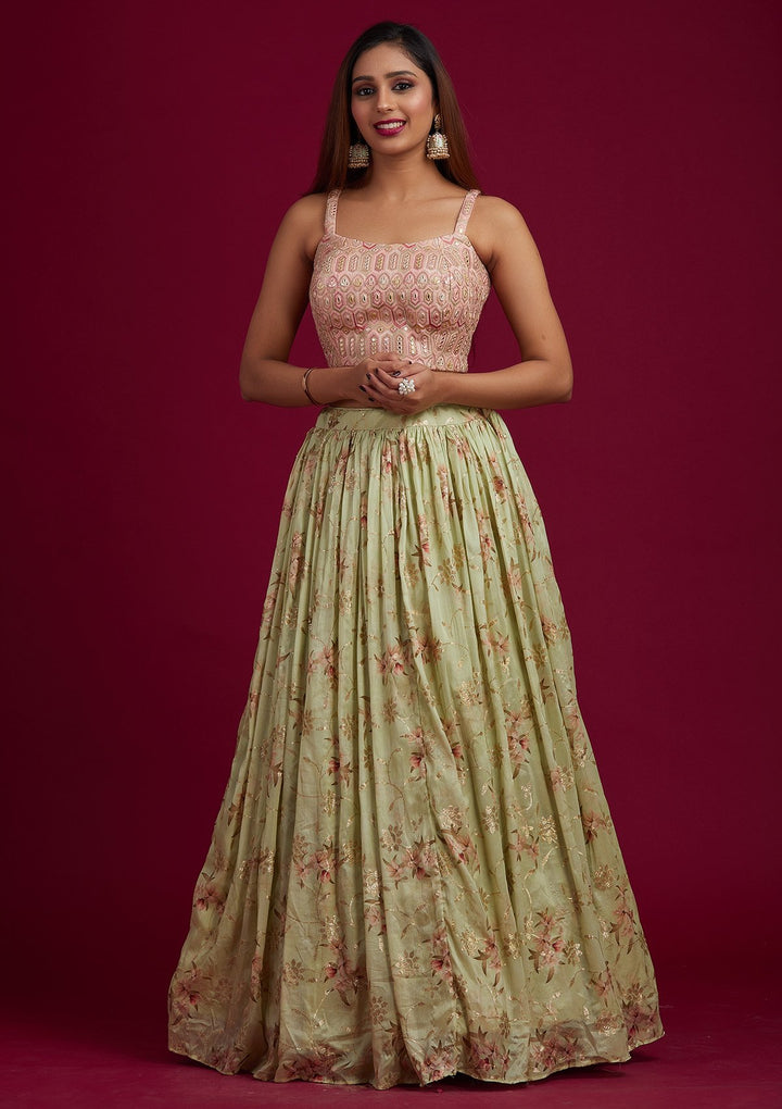 Pista Green Threadwork Semi Crepe Designer Lehenga - koskii