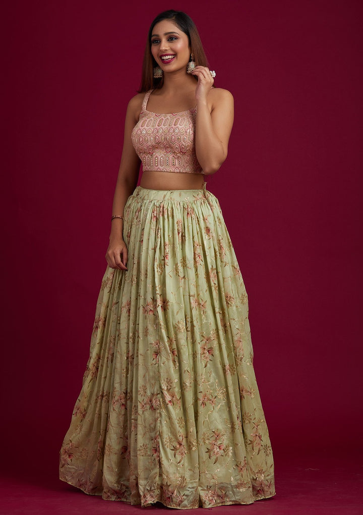 Pista Green Threadwork Semi Crepe Designer Lehenga - koskii